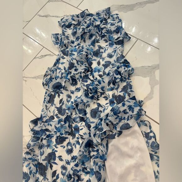 BHLDN Anthropologie Jia Bias-Cut Ruffled Blue Floral Strapless Dress SZ XS EUC - Picture 5 of 9